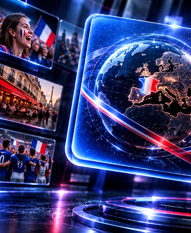 Globe lumineux derrière un écran de verre bordé de néon bleu et rouge